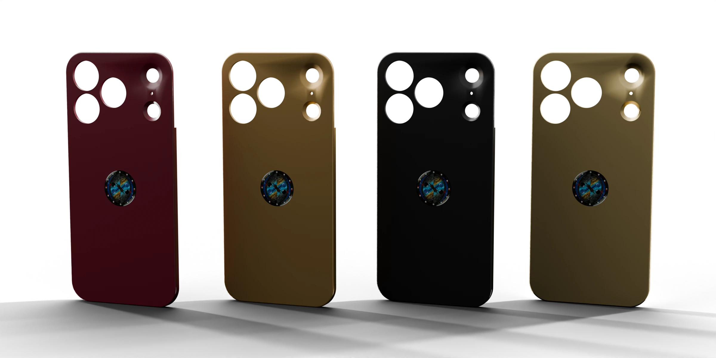 Four shields side by side: maroon, gold and black titanium, and solid brass